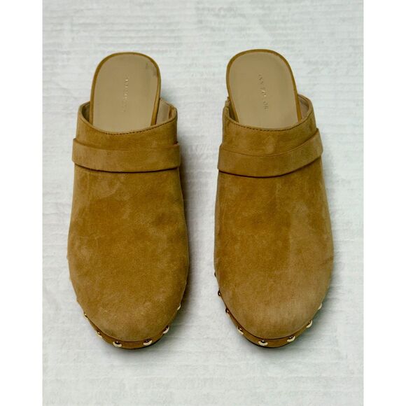 ANN TAYLOR Tan Kid Suede Clogs with Brass Rivets, Sz 8.5M - Picture 3 of 12